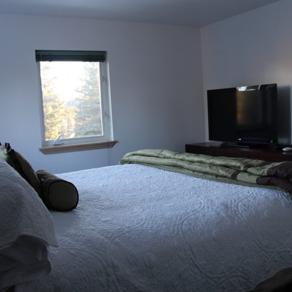 A bed room with a white comforter and pillows