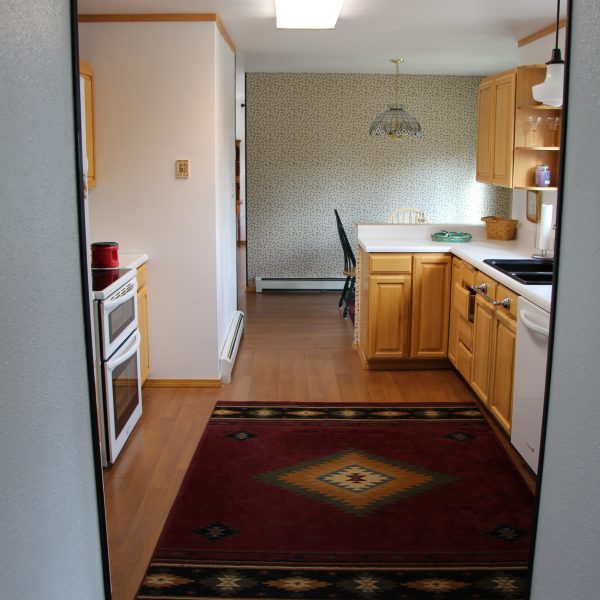 A kitchen with a rug and wooden cabinets