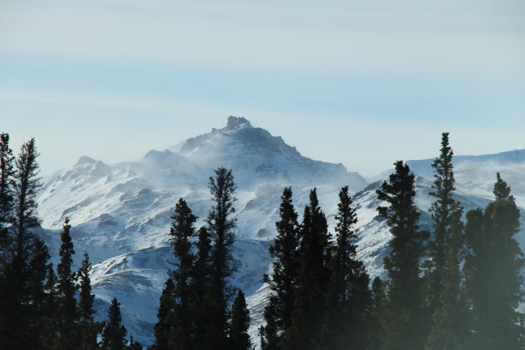 A mountain with snow on top and trees in the foreground.